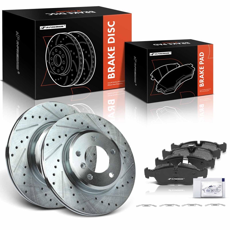 A-Premium A-Premium 11.81 inch (300mm) Front Drilled and Slotted Disc Brake Rotors + Ceramic Pads Kit Compatible with Select BMW models - 323Ci/323i 2000, 325Ci, 325i, 325xi, 328Ci, 328i, Z3, Z4 6-PC Set  - Image 1