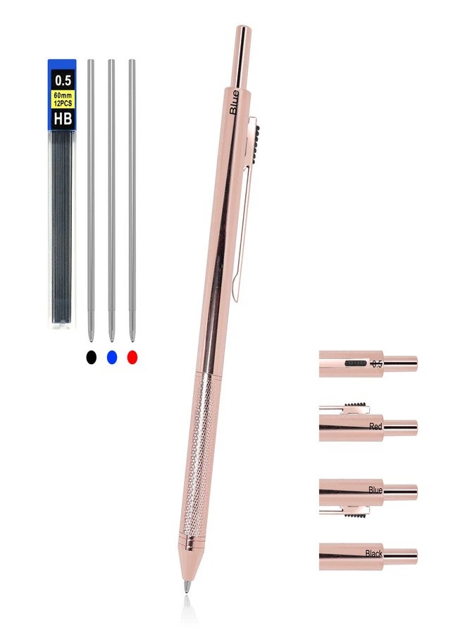 YOUMI Multicolor pen 4 in 1 Multifunction Pen with Metal Cased 0.5mm Mechanical Pencil Red Ballpoint Pen Blue BallpointPen and Black Ballpoint Pen Gift for Journaling (Rose gold) - Image 1