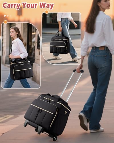 Marscamd Rolling Teacher Bag with Accordion File Organizer & 15.6" Laptop Compartment, Wheeled Work Briefcase Tote with Detachable Trolley & Crossbody Strap for Women, Black - Image 4