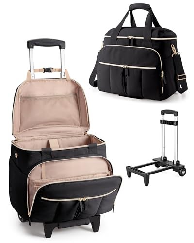 Marscamd Rolling Teacher Bag with Accordion File Organizer & 15.6" Laptop Compartment, Wheeled Work Briefcase Tote with Detachable Trolley & Crossbody Strap for Women, Black - Image 1