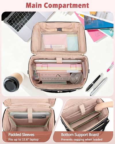 Marscamd Rolling Teacher Bag with Accordion File Organizer & 15.6" Laptop Compartment, Wheeled Work Briefcase Tote with Detachable Trolley & Crossbody Strap for Women, Black - Image 2
