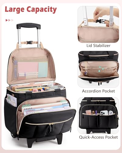 Marscamd Rolling Teacher Bag with Accordion File Organizer & 15.6" Laptop Compartment, Wheeled Work Briefcase Tote with Detachable Trolley & Crossbody Strap for Women, Black - Image 3