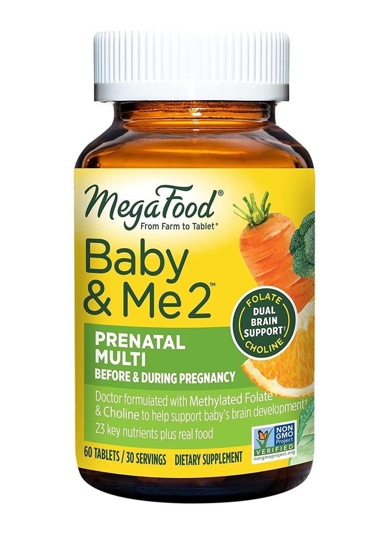 MegaFood Baby & Me 2 Prenatal Multi - Doctor Formulated With Methylated Falate & Choline to help support Babys brain delelopment Dietary Supplement 60 Tablets / 30 Servings  - Image 1
