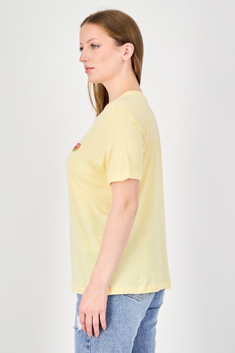 ONLY Women Crew Neck Short Sleeve Graphic Print T-Shirt, Yellow - Image 3