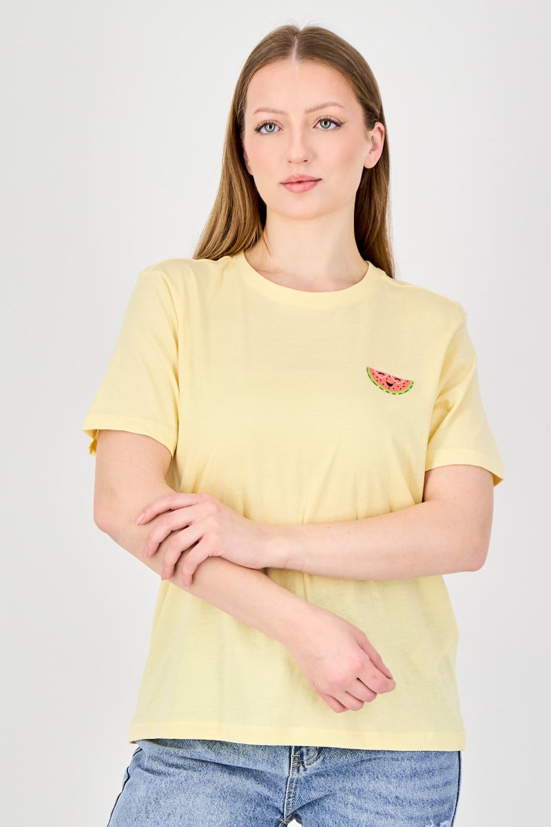 ONLY Women Crew Neck Short Sleeve Graphic Print T-Shirt, Yellow - Image 1