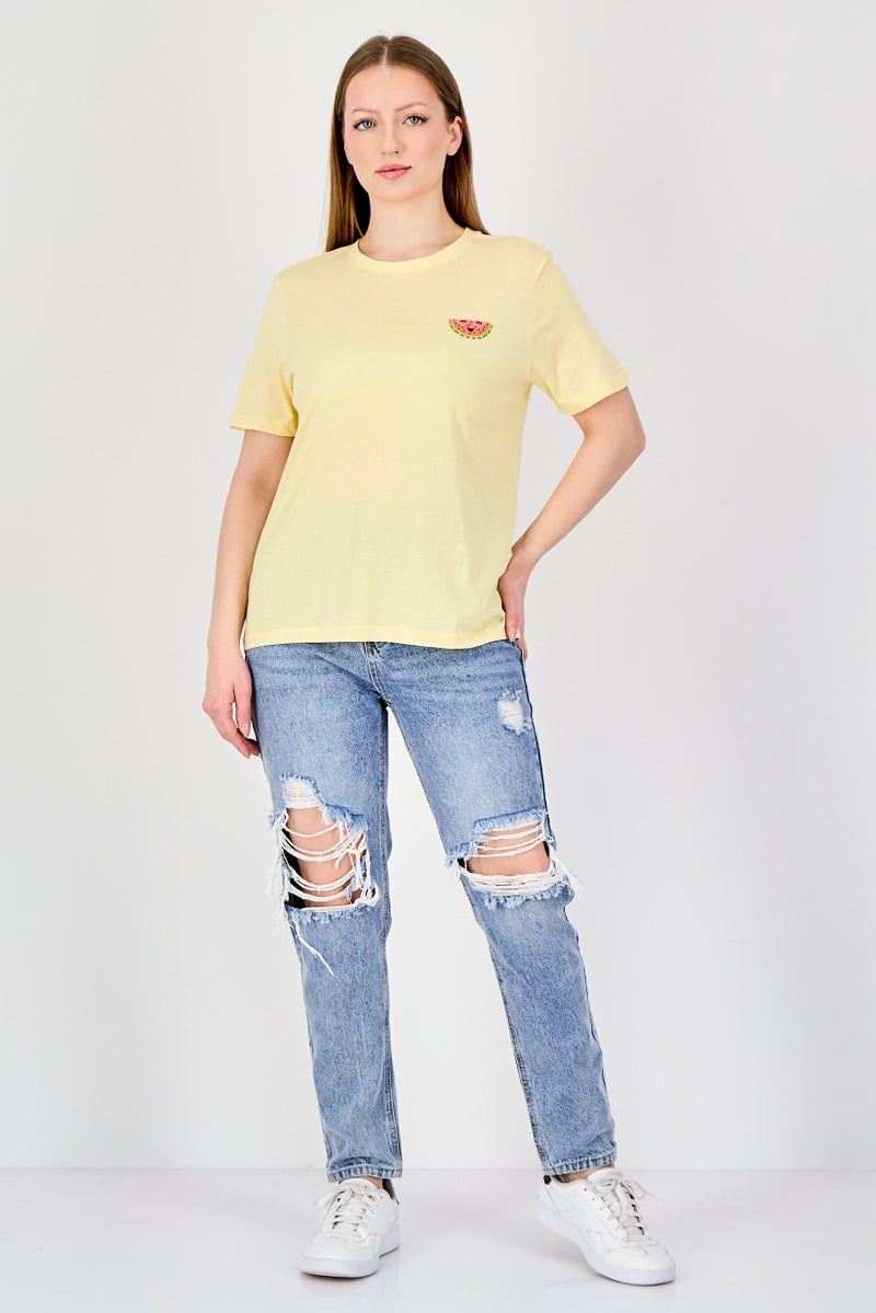 ONLY Women Crew Neck Short Sleeve Graphic Print T-Shirt, Yellow - Image 2
