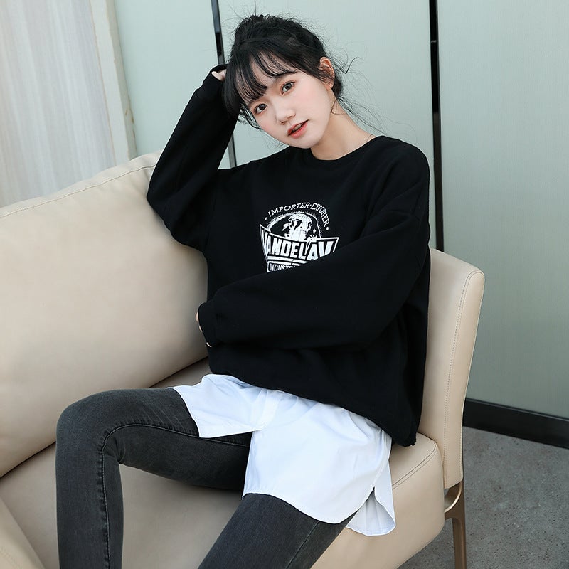 Solid Color All-match Fart Curtain Fake Hem Shirt Stacked with Inner Base Half Skirt Denim A- line Skirt T-shirt (black)