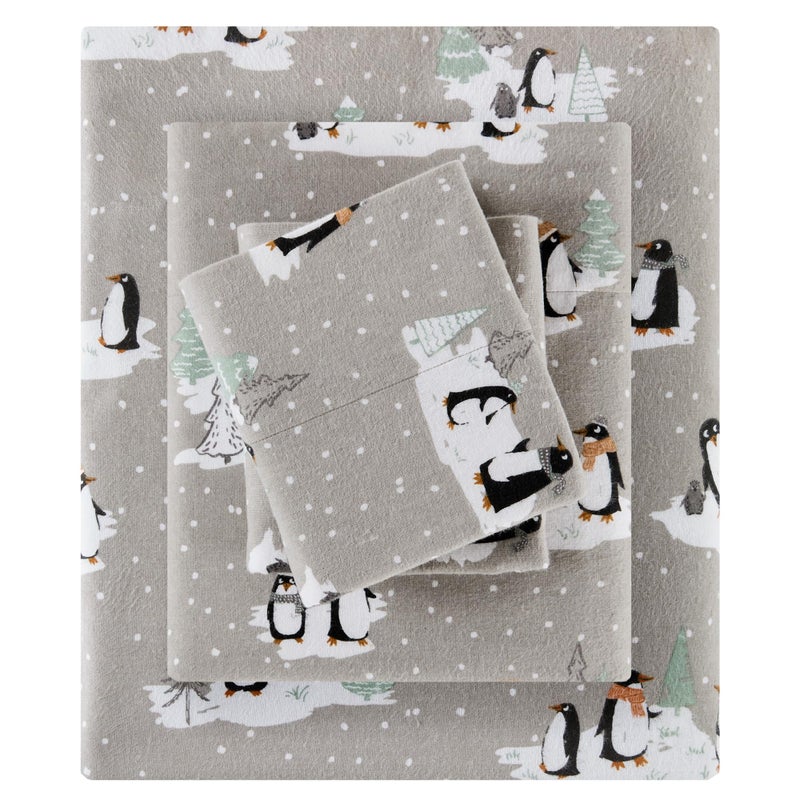 Sleep Philosophy True North by Sleep Philosophy Cozy Flannel Warm 100 Cotton Sheet  Novelty Print Animals Stars Cute Ultra Soft Cold Weather Bedding Set Queen Grey Penguins 