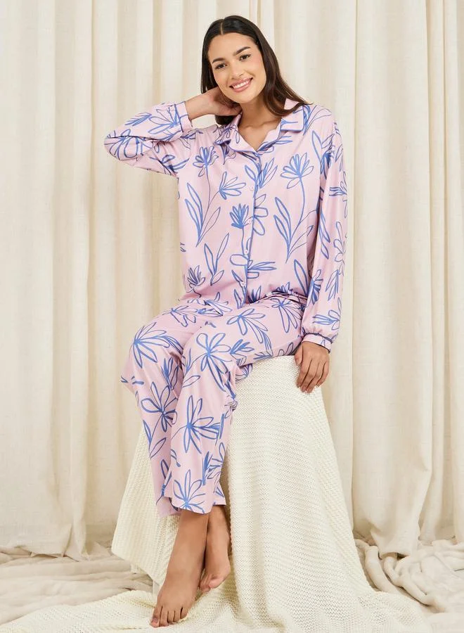ستايلي Floral Sketch Print Piped Detail Shirt and Pyjama Set