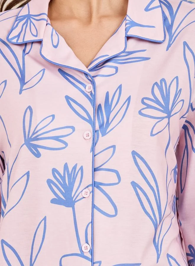ستايلي Floral Sketch Print Piped Detail Shirt and Pyjama Set