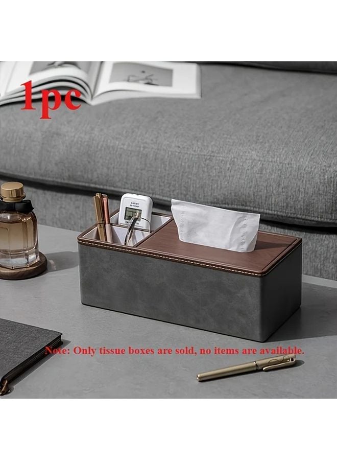 Gray Rectangular Tissue Box With Lid Multifunctional Desktop Storage Organizer - Image 1