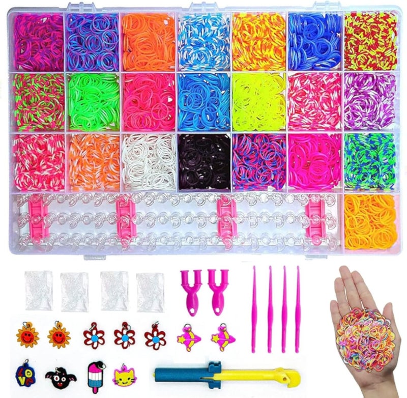 مجموعة أدوات بدء تشغيل أشرطة النول من APPAREL MATTER 4400+، مجموعة إعادة تعبئة 22 شريطًا مطاطيًا ملونًا فريدًا مع ملحقات أخرى وصندوق تخزين متين للأطفال