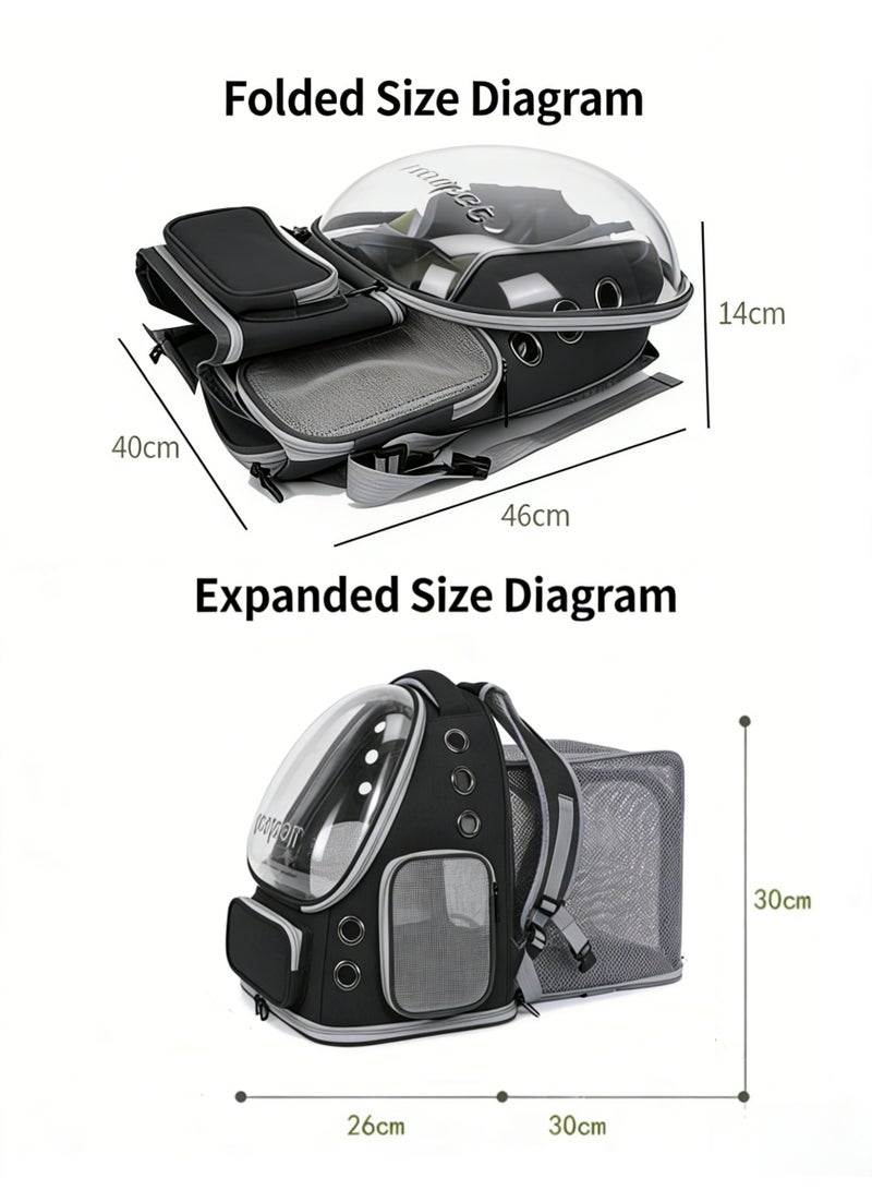 Stylish Pet Carrier Backpack with EXTRA SPACE, Breathable Cat Carrier Bag Expandable, Pet Bubble Backpack, Pet Travel Bag with Space Cover, Transparent Waterproof Portable Pet Space Capsule Backpack for Travel, Hiking, Walking and Outdoor-Black Expandable - Image 3