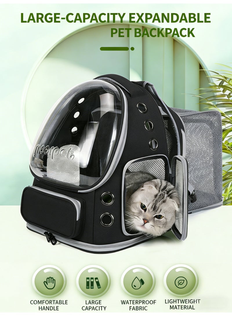 Stylish Pet Carrier Backpack with EXTRA SPACE, Breathable Cat Carrier Bag Expandable, Pet Bubble Backpack, Pet Travel Bag with Space Cover, Transparent Waterproof Portable Pet Space Capsule Backpack for Travel, Hiking, Walking and Outdoor-Black Expandable - Image 4