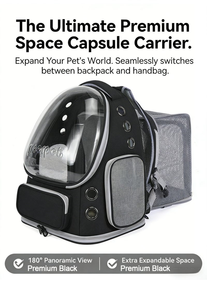 Stylish Pet Carrier Backpack with EXTRA SPACE, Breathable Cat Carrier Bag Expandable, Pet Bubble Backpack, Pet Travel Bag with Space Cover, Transparent Waterproof Portable Pet Space Capsule Backpack for Travel, Hiking, Walking and Outdoor-Black Expandable - Image 2