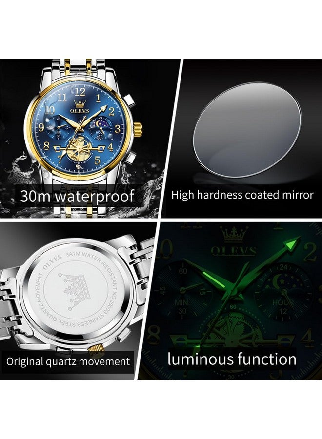 OLEVS Men's Business Watch Gold Blue with Large Easy-Read Analog Quartz Date Display Luxury Stainless Steel Band Waterproof Luminous Hands - Image 3