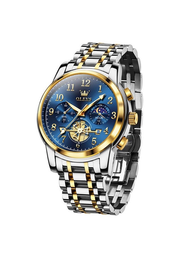 OLEVS Men's Business Watch Gold Blue with Large Easy-Read Analog Quartz Date Display Luxury Stainless Steel Band Waterproof Luminous Hands - Image 1
