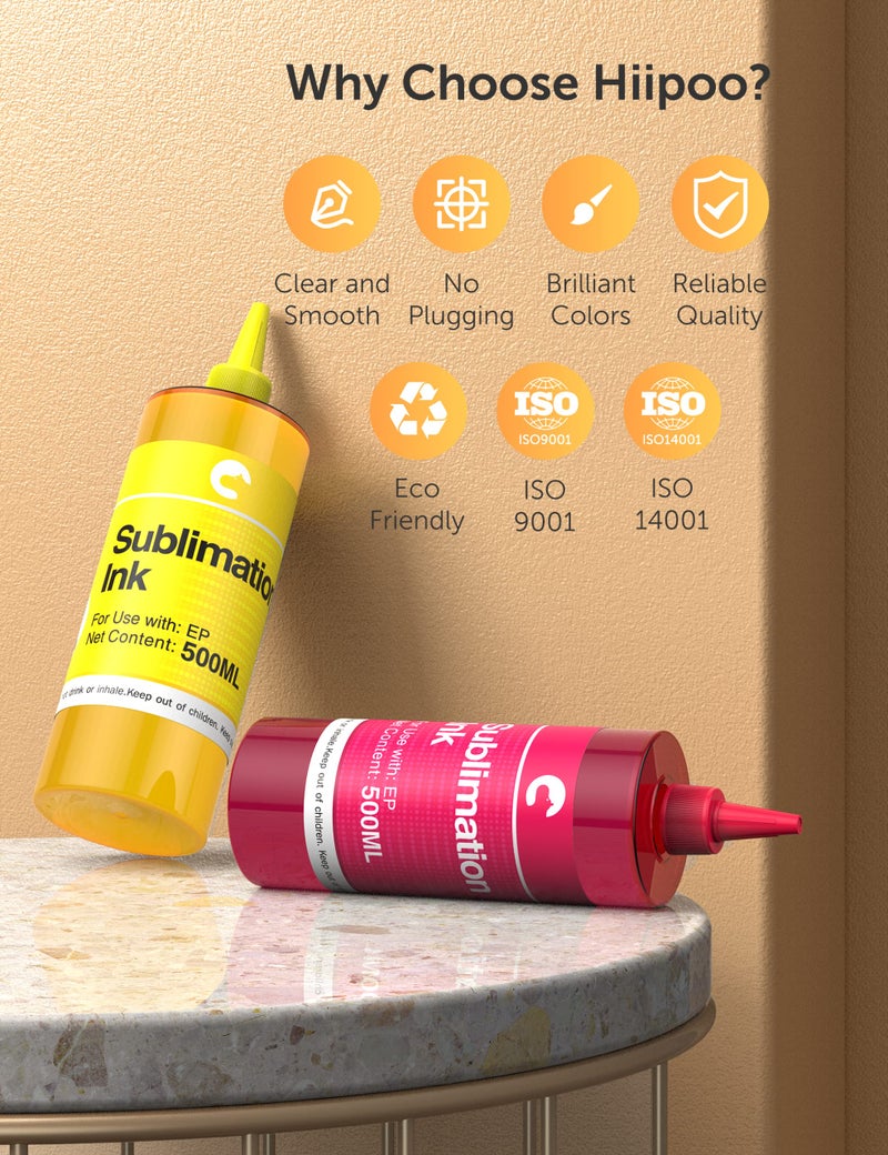 Hiipoo 2000ml Sublimation Ink Refilled Bottles Work with WF7710 ET2760 ET2720 ET2803 ET2800 ET15000 C88 C88+ Inkjet Printers Heat Press Transfer on Mugs Plates T-Shirts Pillows Phone Case - Image 3
