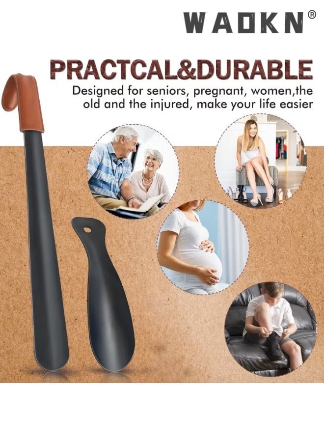 WAOKN Shoe Horns,2 Pack Household Shoehorn,42cm Long Shoehorn With Leather Handle+19cm Metal Short Shoehorn,Shoes Spoon Stick Shoes Helper For Men Women Seniors Kids,Portable For Travel/Family Daily Use - Image 2