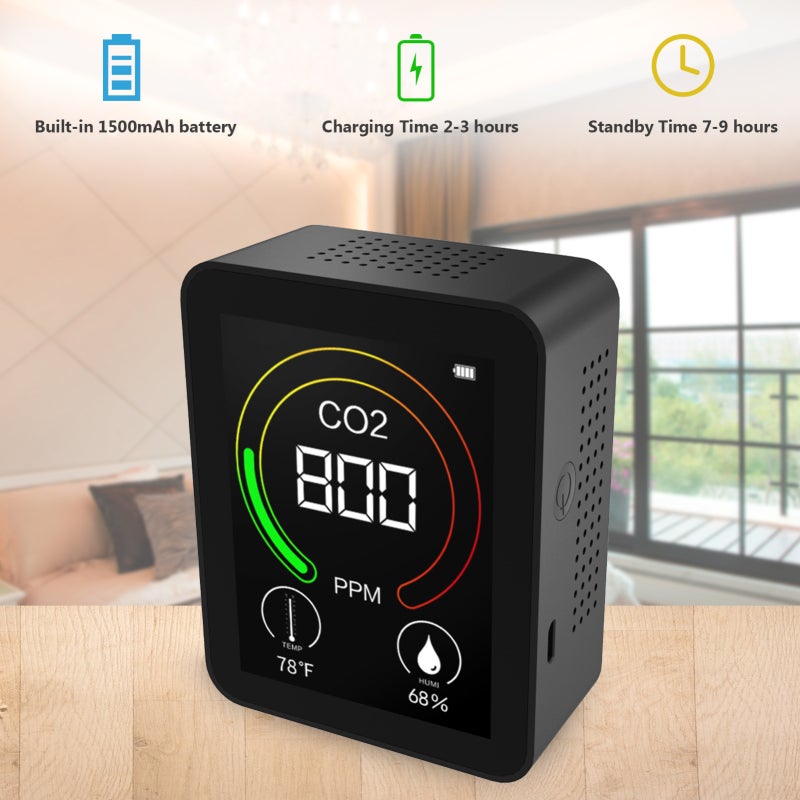 Digital CO2 Detector: Black, Fast Accurate CO2 Testing, Real-Time Temperature Humidity Monitor - Large Color-Changing LCD Screen, 24H Monitoring Air Quality Monitor for Schools, Offices, Greenhouses, - Image 3