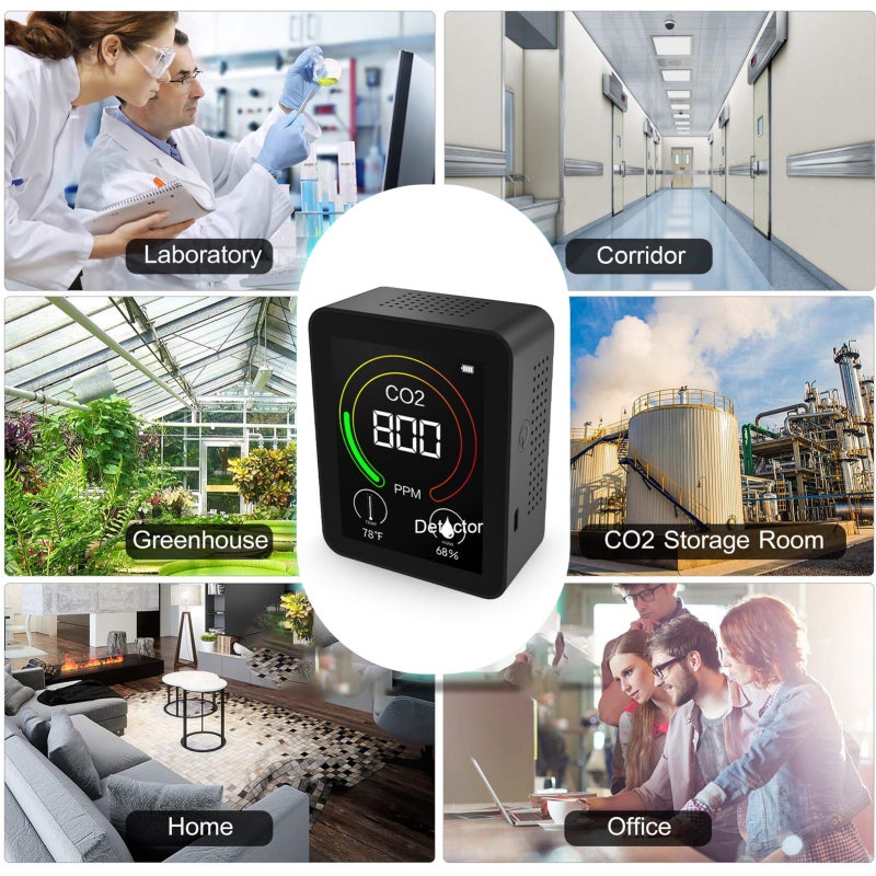 Digital CO2 Detector: Black, Fast Accurate CO2 Testing, Real-Time Temperature Humidity Monitor - Large Color-Changing LCD Screen, 24H Monitoring Air Quality Monitor for Schools, Offices, Greenhouses, - Image 2