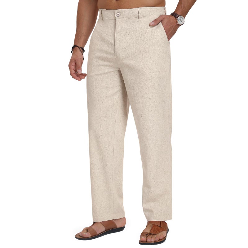 Puimentiua Mens Cotton Linen Pants Business Casual Mens Dress Pants Summer Beach Loose Relaxed Fit Trousers (L, Oatmeal) - Image 1