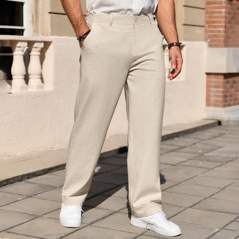 Puimentiua Mens Cotton Linen Pants Business Casual Mens Dress Pants Summer Beach Loose Relaxed Fit Trousers (L, Oatmeal) - Image 3