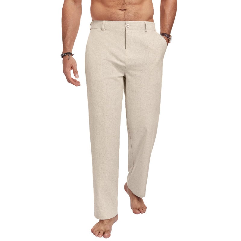Puimentiua Mens Cotton Linen Pants Business Casual Mens Dress Pants Summer Beach Loose Relaxed Fit Trousers (L, Oatmeal) - Image 4