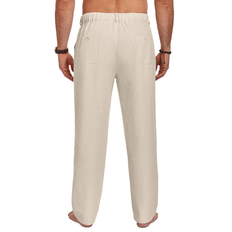 Puimentiua Mens Cotton Linen Pants Business Casual Mens Dress Pants Summer Beach Loose Relaxed Fit Trousers (L, Oatmeal) - Image 5