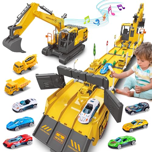 Dwi Dowellin Toys for 3 Year Old Boys,Excavator Toys for Kids with 6 Metal Racing Cars and 2 Engineering Vehicle,Foldable Ejection Vehicle with Lights & Sound for 3 4 5 6 7 Years Old Gifts - Image 1