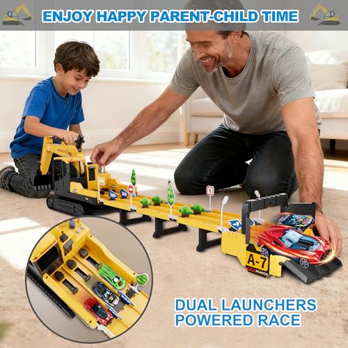 Dwi Dowellin Toys for 3 Year Old Boys,Excavator Toys for Kids with 6 Metal Racing Cars and 2 Engineering Vehicle,Foldable Ejection Vehicle with Lights & Sound for 3 4 5 6 7 Years Old Gifts - Image 4
