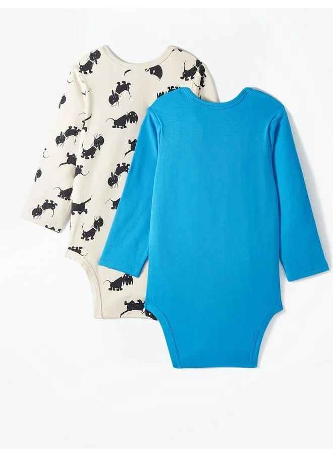 جون June Baby Envelope Neck 2-Pack Long Sleeve Dog Printed Bodysuit Beige - Blue