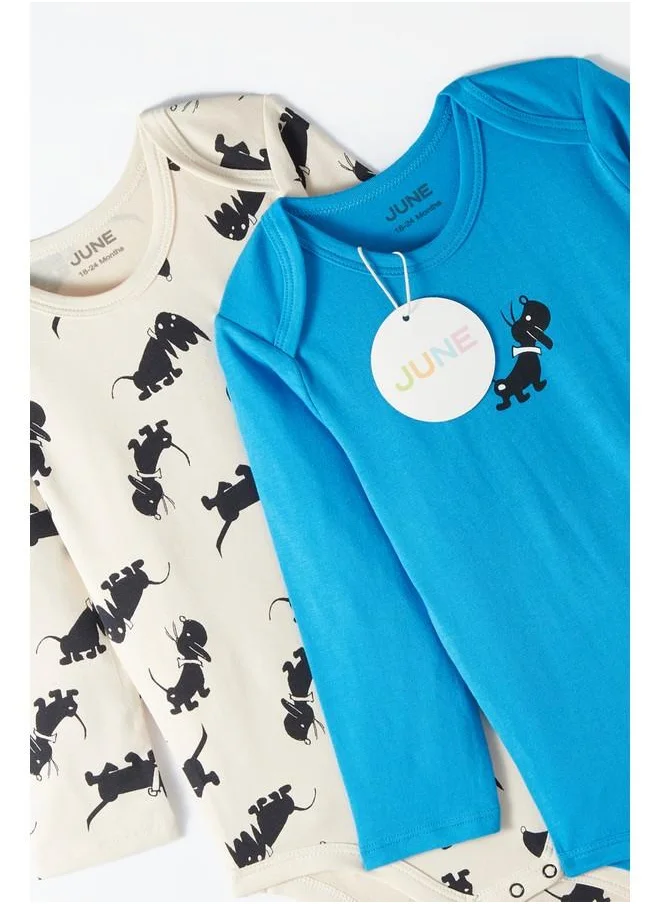 JUNE June Baby Envelope Neck 2-Pack Long Sleeve Dog Printed Bodysuit Beige - Blue