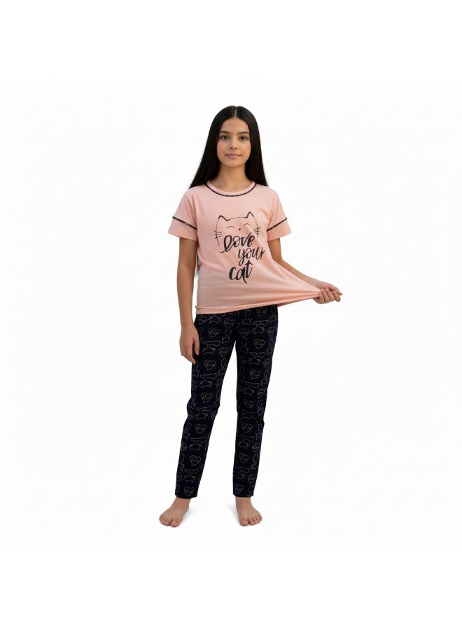 جوانا طقم بيجاما بناتي بطبعة أحب قطتك، قميص بأكمام قصيرة وبنطال طويل، زهري فاتح - Image 3