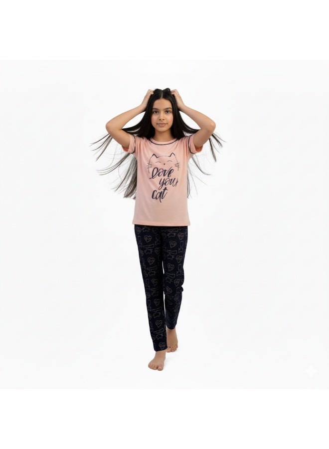 جوانا طقم بيجاما بناتي بطبعة أحب قطتك، قميص بأكمام قصيرة وبنطال طويل، زهري فاتح - Image 4