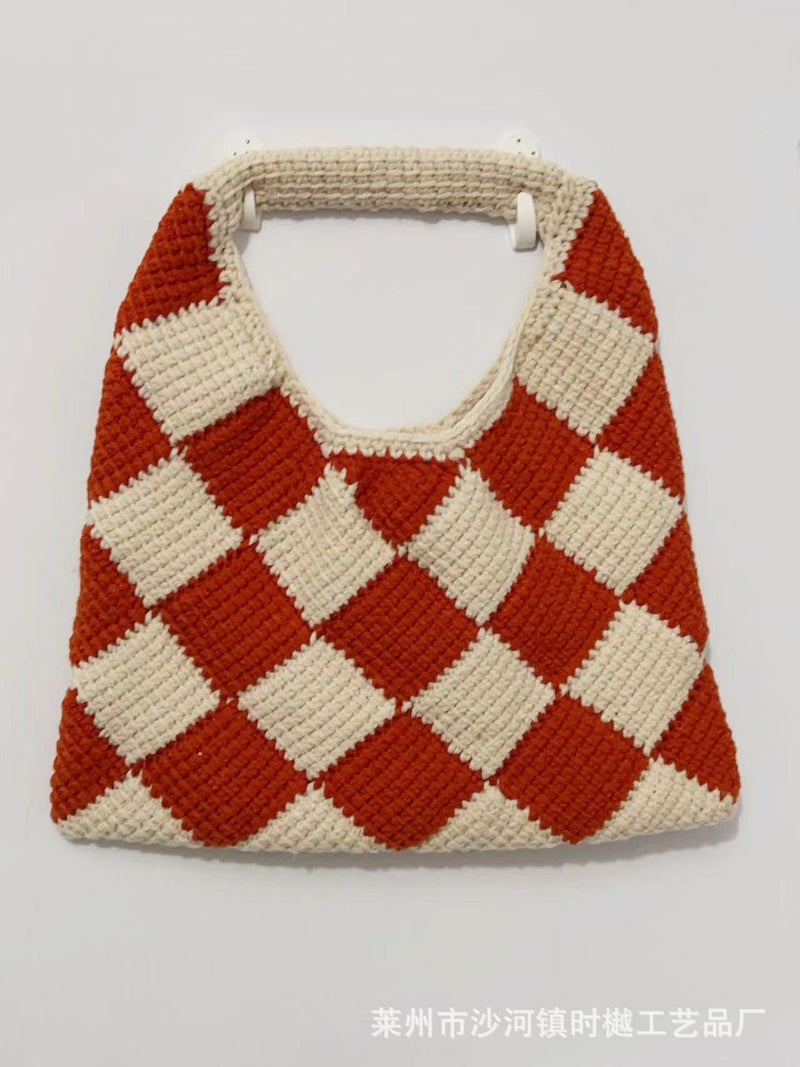 Versatile Knitted Bag Woven Bag Rhombus Wool Bag Woolen Crochet Bag Handbag Hand Bag Bag For Women - Image 1