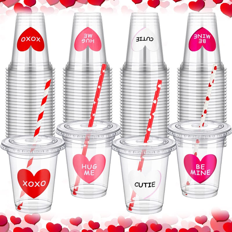 Eaasty 60 Sets Valentine's Day Disposable Cups with Lid and Straws 12 oz Clear Plastic Valentines Cups with Heart Shaped Stickers for Iced Coffee Juice Valentine's Day Party Supplies - Image 1