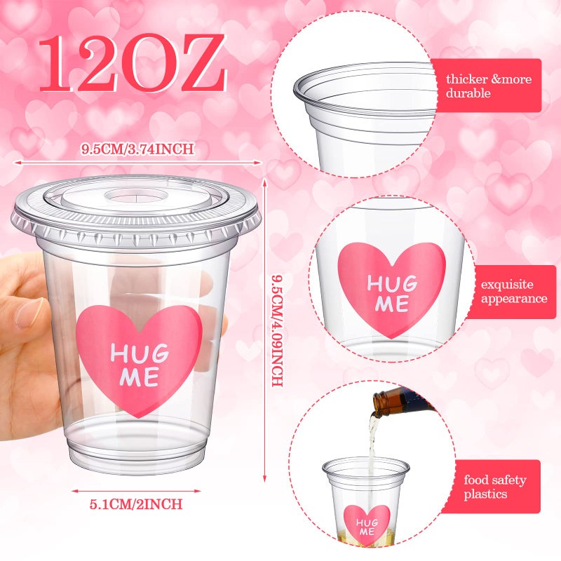 Eaasty 60 Sets Valentine's Day Disposable Cups with Lid and Straws 12 oz Clear Plastic Valentines Cups with Heart Shaped Stickers for Iced Coffee Juice Valentine's Day Party Supplies - Image 3