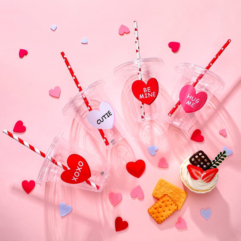 Eaasty 60 Sets Valentine's Day Disposable Cups with Lid and Straws 12 oz Clear Plastic Valentines Cups with Heart Shaped Stickers for Iced Coffee Juice Valentine's Day Party Supplies - Image 5