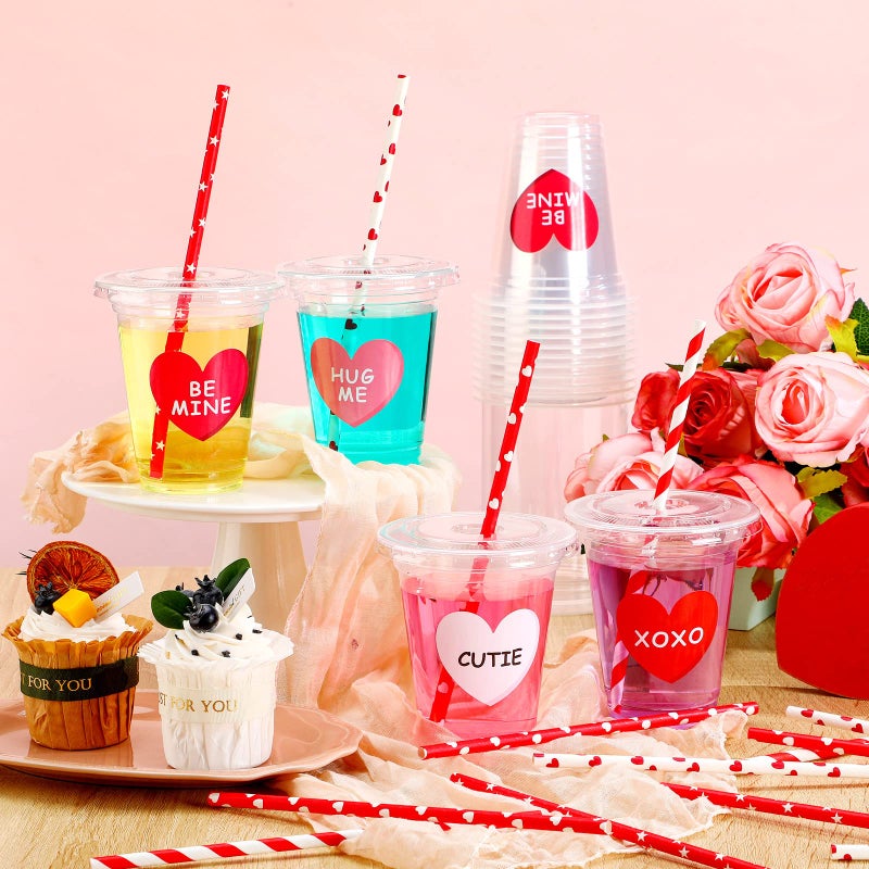 Eaasty 60 Sets Valentine's Day Disposable Cups with Lid and Straws 12 oz Clear Plastic Valentines Cups with Heart Shaped Stickers for Iced Coffee Juice Valentine's Day Party Supplies - Image 4
