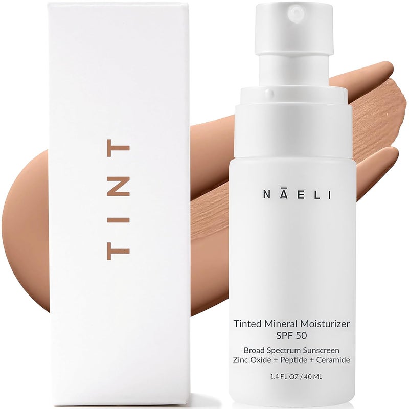 NAELI Anti Aging Tinted Moisturizer SPF 50 Mineral Sunscreen for Face with Zinc Oxide Peptides  Ceramides Natural Hydrating Universal Tint  14 oz