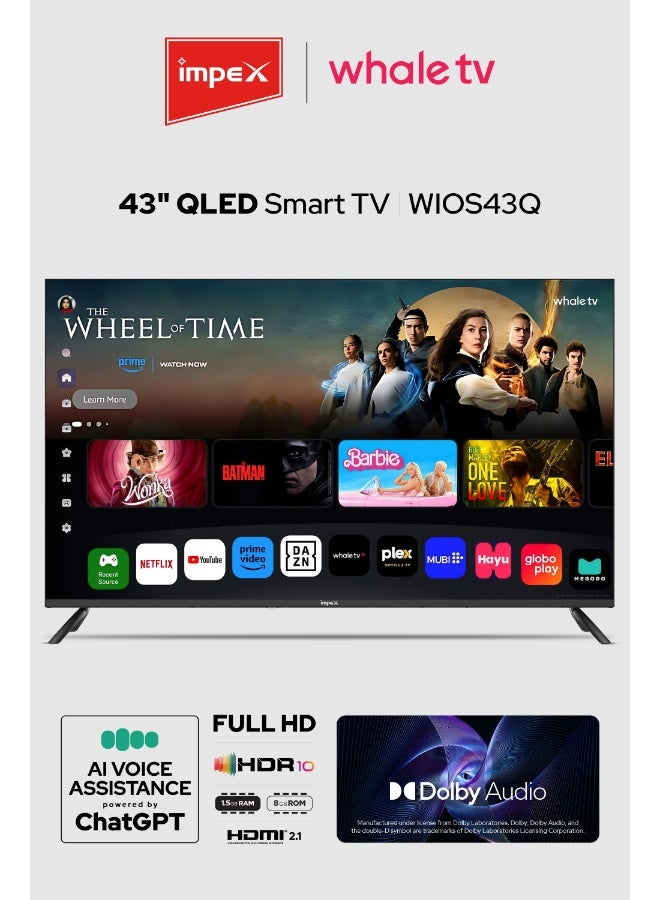 Impex 43 Smart QLED TV 43 Inch (108 cm) FHD, Whale OS Smart TV with AI Voice Assistant (ChatGPT), Netflix YouTube Disney Prime Video, 176° Viewing Angle, 6.5ms Response, A+ Panel, 2 HDMI 2 USB, RJ45, 90W - Wios43Q Black - Image 1