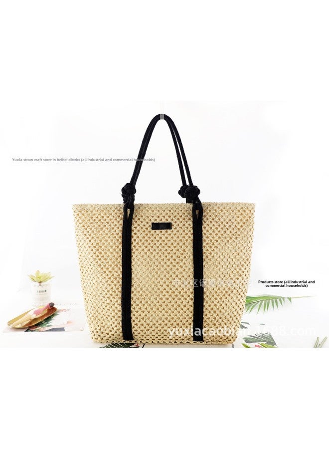 Ins Cut Out Paper Rope Large Capacity Woven Bag Fashionable Buckle Shoulder Straw Bag Casual Women's Bag Beach Bag-Color:Beige  - Image 1