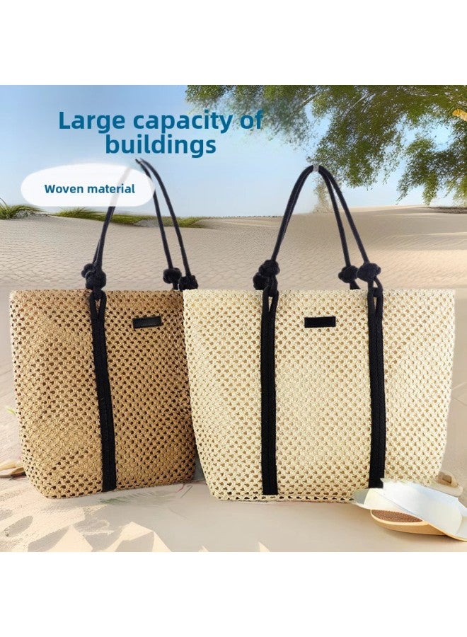 Ins Cut Out Paper Rope Large Capacity Woven Bag Fashionable Buckle Shoulder Straw Bag Casual Women's Bag Beach Bag-Color:Beige  - Image 2