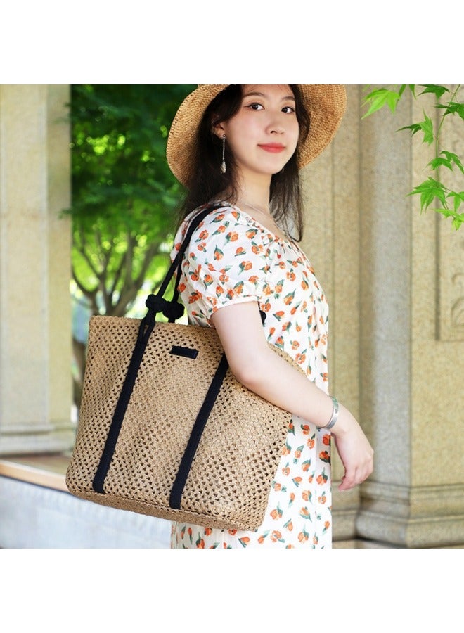 Ins Cut Out Paper Rope Large Capacity Woven Bag Fashionable Buckle Shoulder Straw Bag Casual Women's Bag Beach Bag-Color:Beige  - Image 4