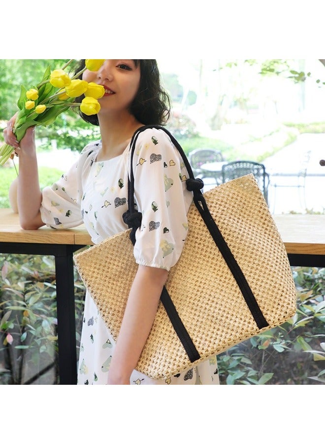 Ins Cut Out Paper Rope Large Capacity Woven Bag Fashionable Buckle Shoulder Straw Bag Casual Women's Bag Beach Bag-Color:Beige  - Image 3