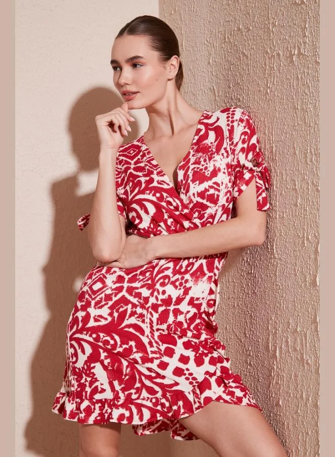 Lela Lela Patterned Regular Fit Wrap Neck Mini Dress Women's Dress 5865725