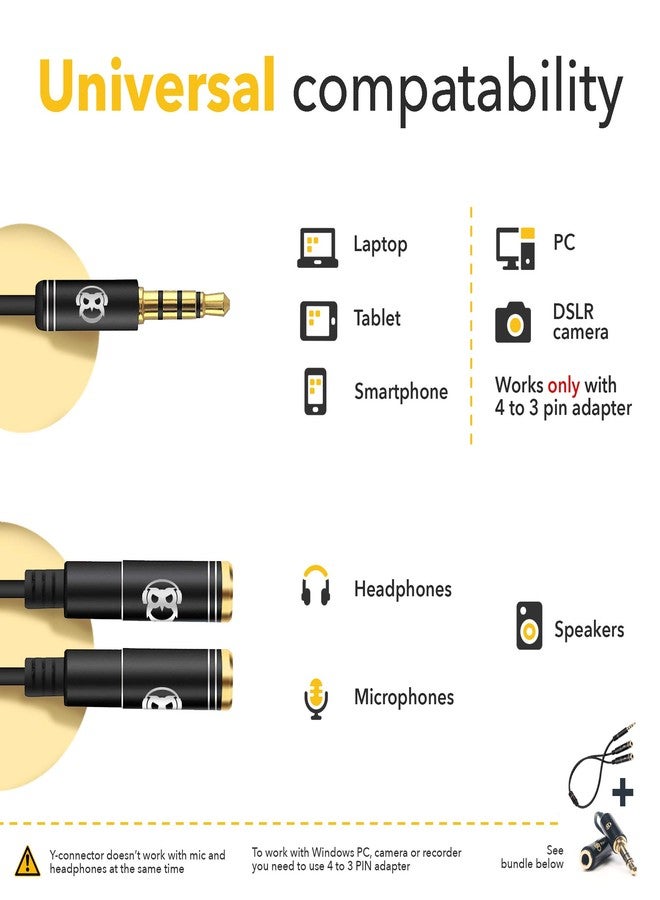 PowerDeWise Y Splitter - Mic and Mic - TRRS Audio Signal Splitter Cable for Lavalier Microphone - Image 3
