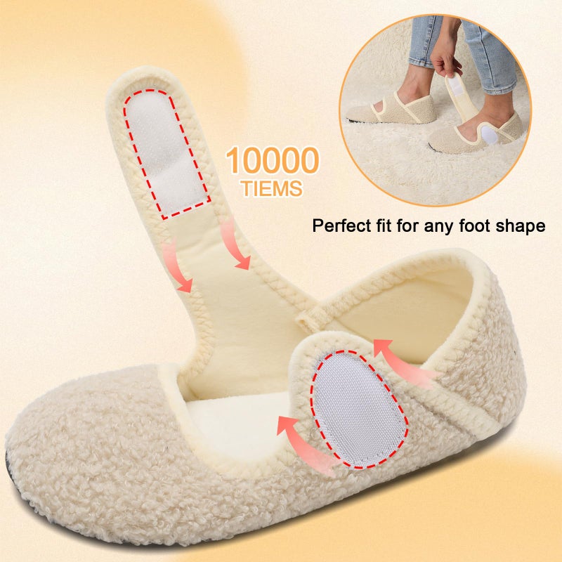 Scurtain Comfy Furry Bedroom Slippers for Women Men Wide Diabetic Barefoot Sock Shoes Slip On Warm Spa Slippers Strap Plush House Slippers Flats Beige Size 8-9 Women/6.5-7.5 Men - Image 4