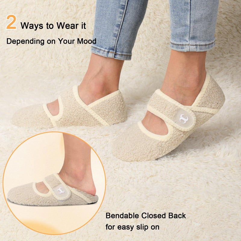 Scurtain Comfy Furry Bedroom Slippers for Women Men Wide Diabetic Barefoot Sock Shoes Slip On Warm Spa Slippers Strap Plush House Slippers Flats Beige Size 8-9 Women/6.5-7.5 Men - Image 2